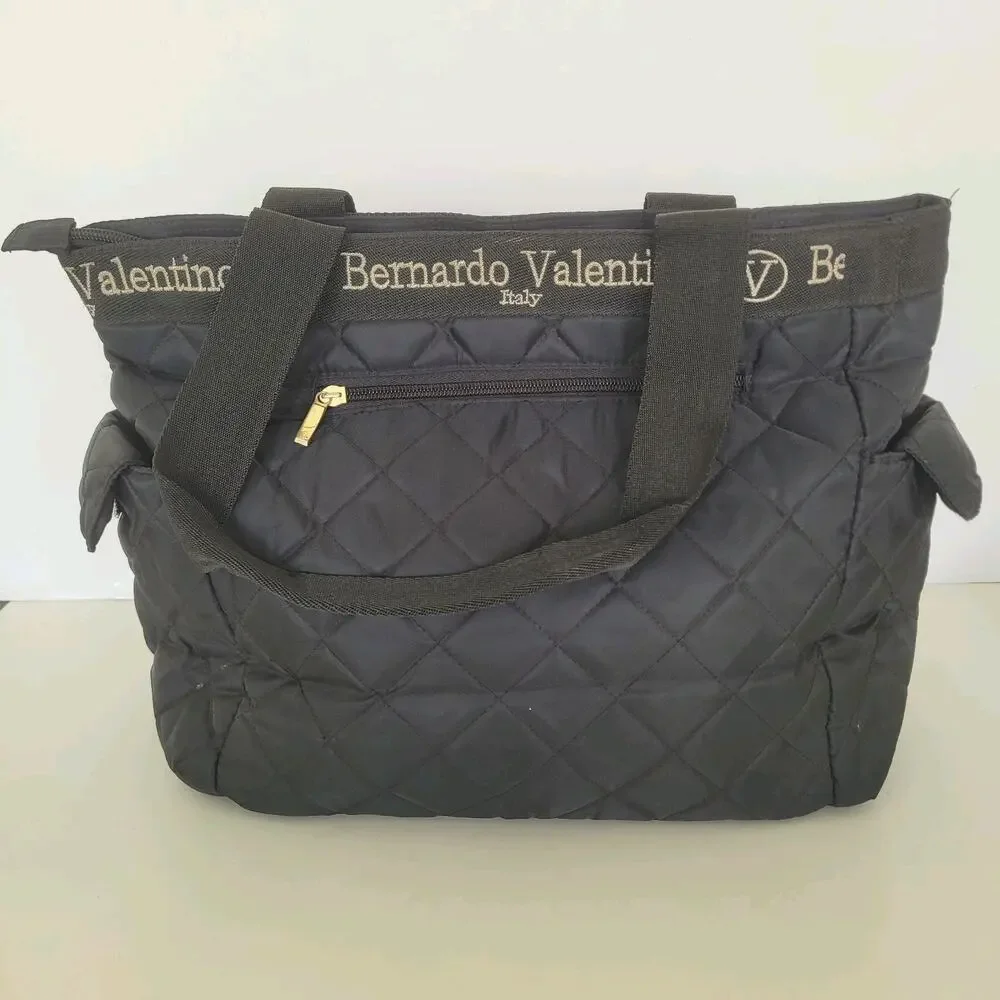 Bernardo Valentino Quilted Tote Shoulder Bag Black Nylon Lightweight Zip Large‎